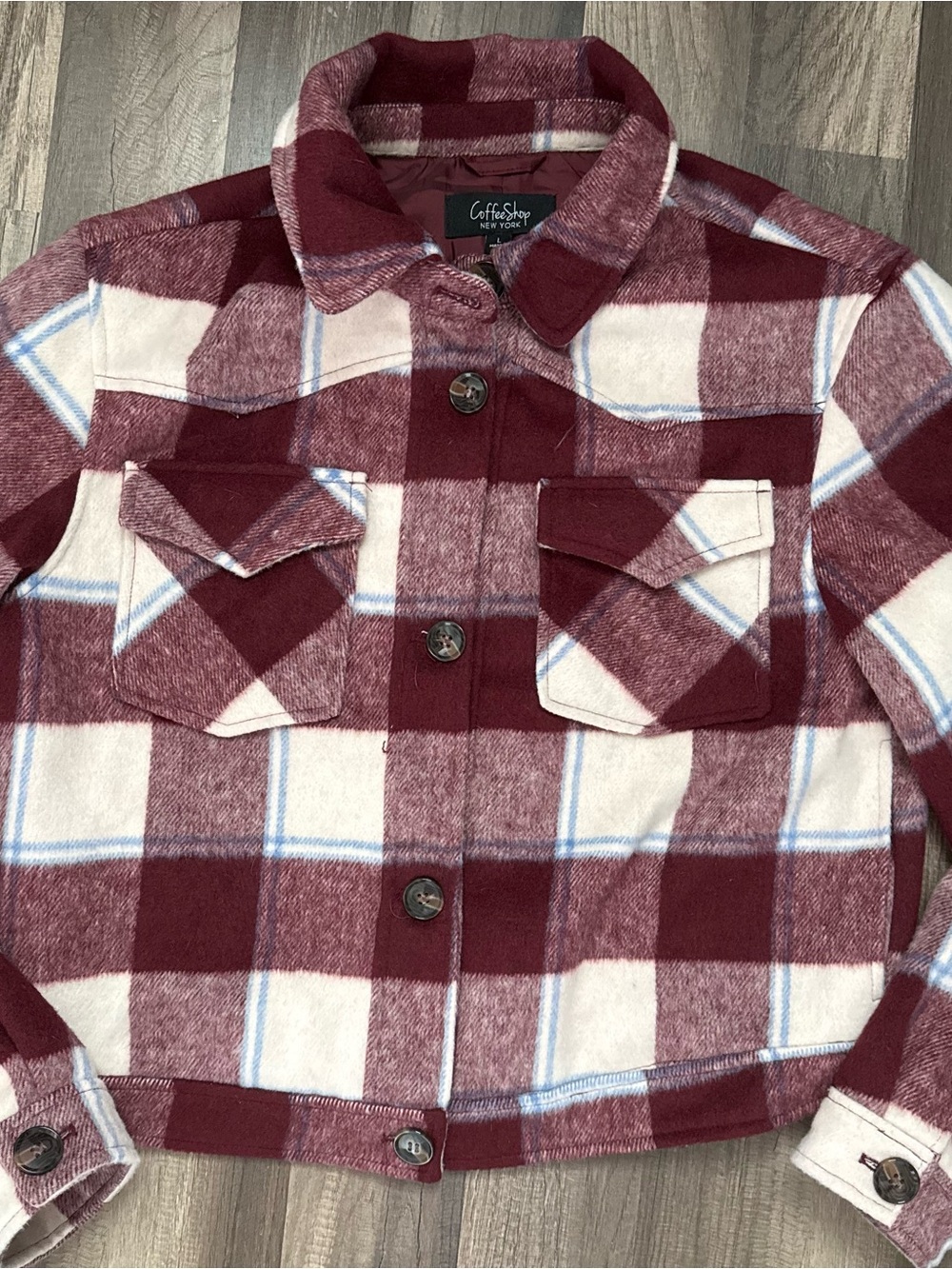 CoffeeShop Burgundy and Cream Plaid Button-Up Jacket